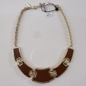 NWT White House Black Market brown leather and gold tone necklace